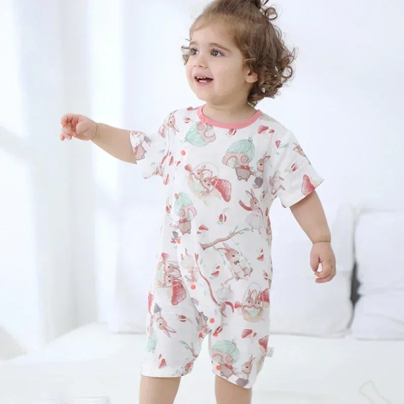 Cotton & Bamboo Muslin Short Sleeve Romper - Panda - Bodyfeu