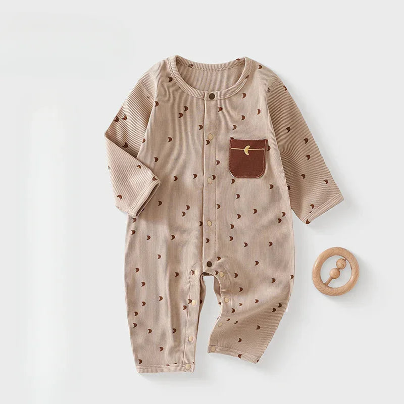 Cotton Snap-Up Long Sleeve Romper - Brown Moon - Bodyfeu
