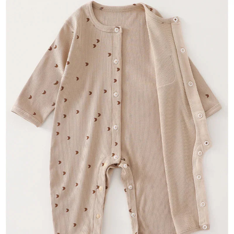 Cotton Snap-Up Long Sleeve Romper - Brown Moon - Bodyfeu
