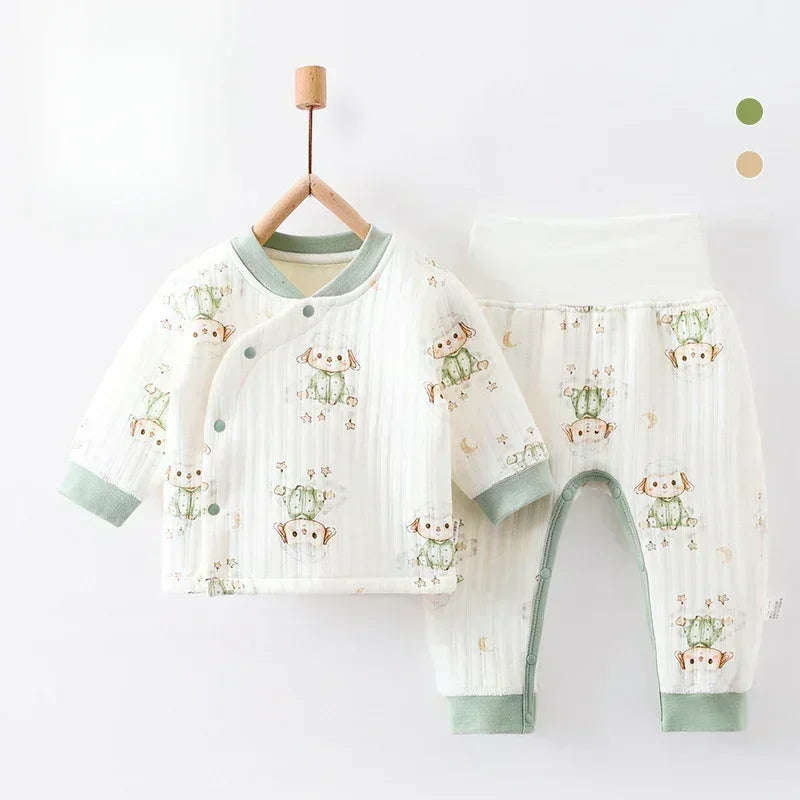 100% Cotton Warm Long Sleeve Long Sleeve Top & Pants Set- Pear - Bodyfeu