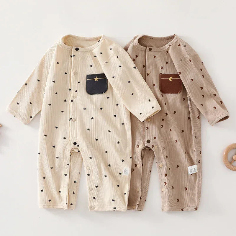 Cotton Snap-Up Long Sleeve Romper - Brown Moon - Bodyfeu