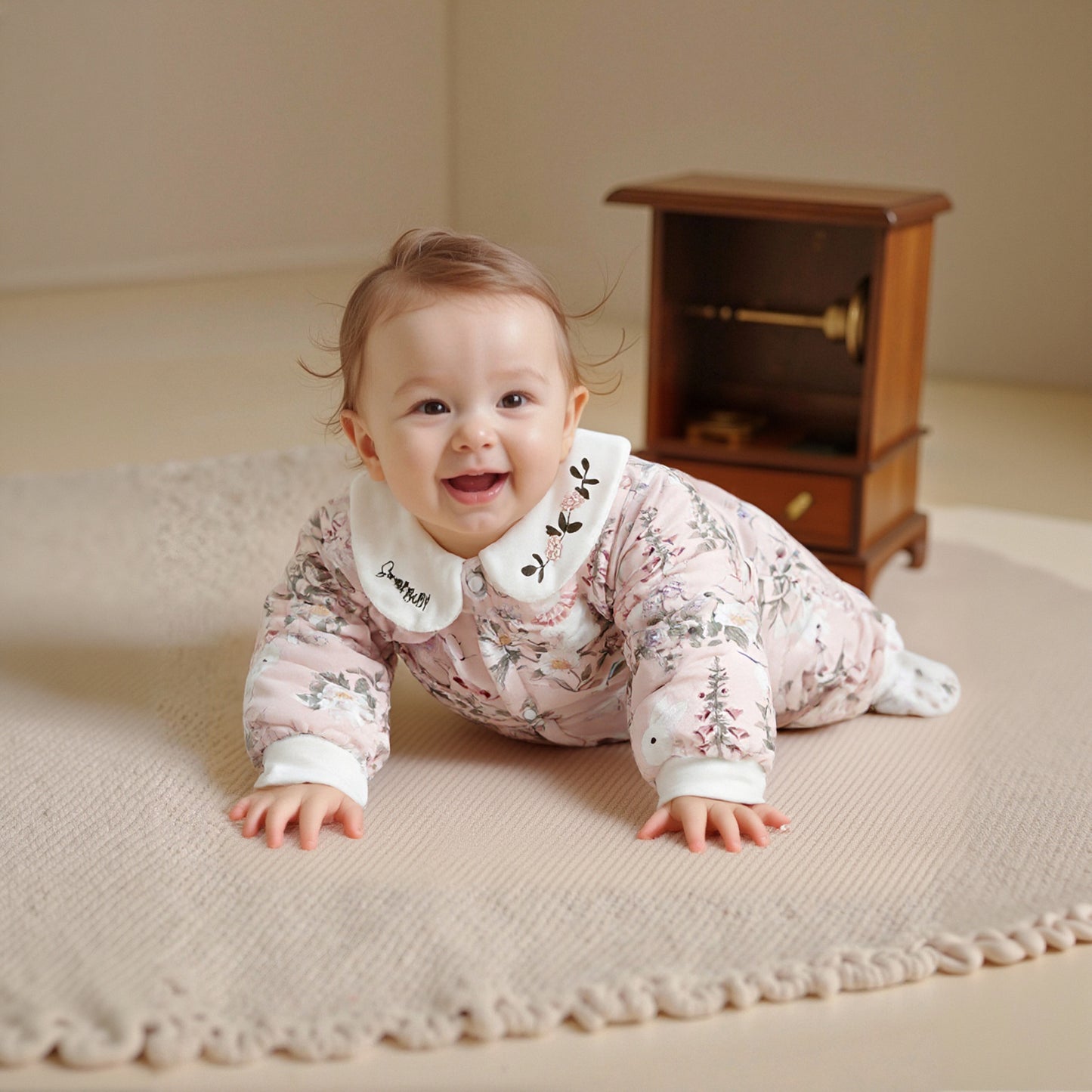 100% Cotton Quilted Long Sleeve Snap-Up Romper - Pink Flowers