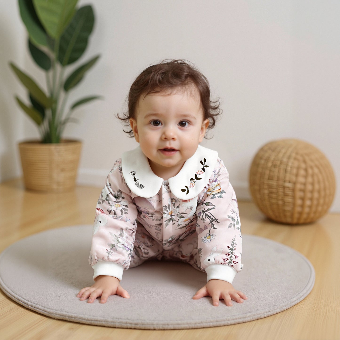 100% Cotton Quilted Long Sleeve Snap-Up Romper - Pink Flowers