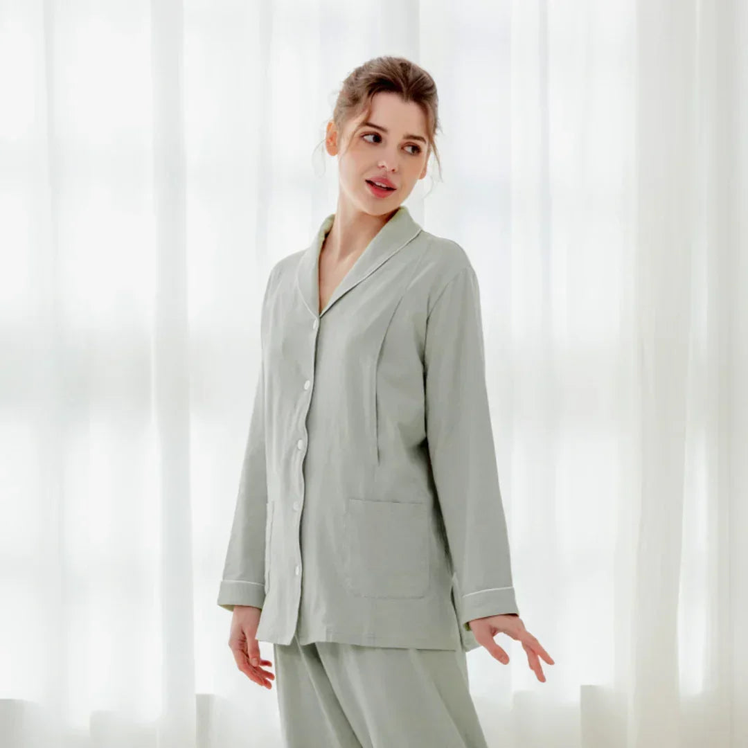 Cotton Button-Up Maternity Pajama- Green - Bodyfeu