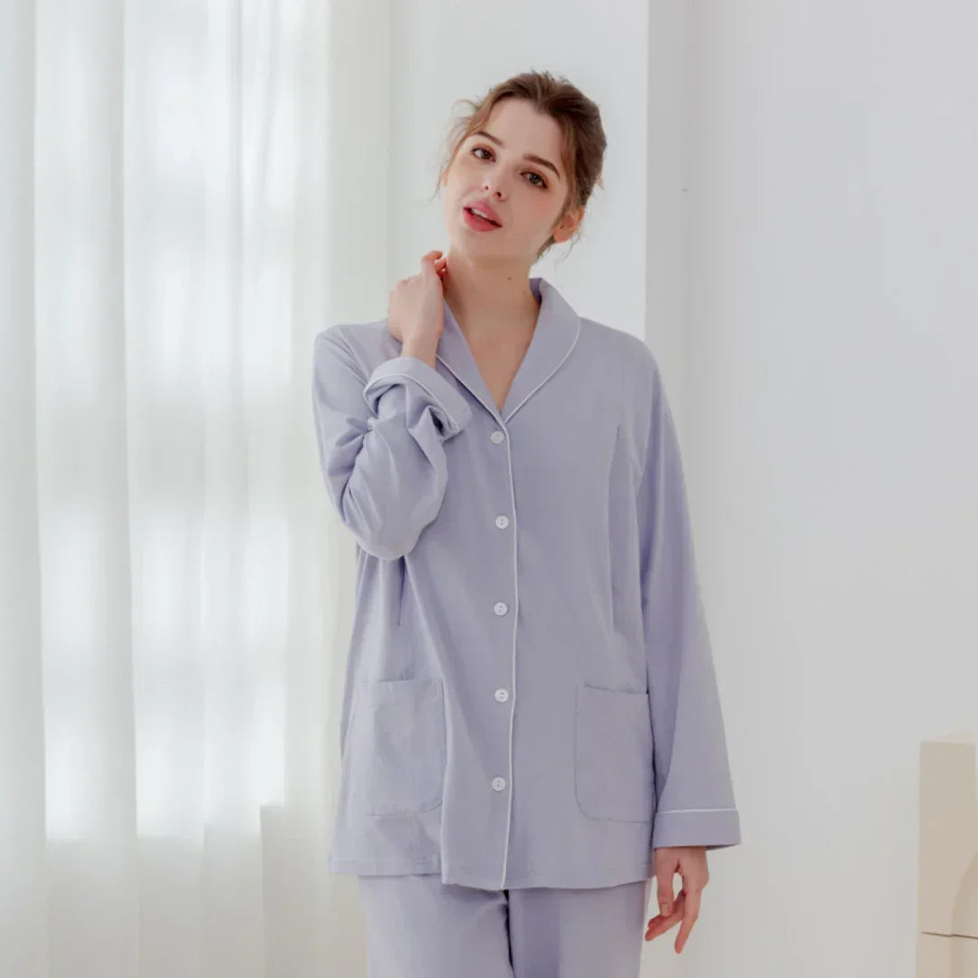 Cotton Button-Up Maternity Pajama- Green - Bodyfeu