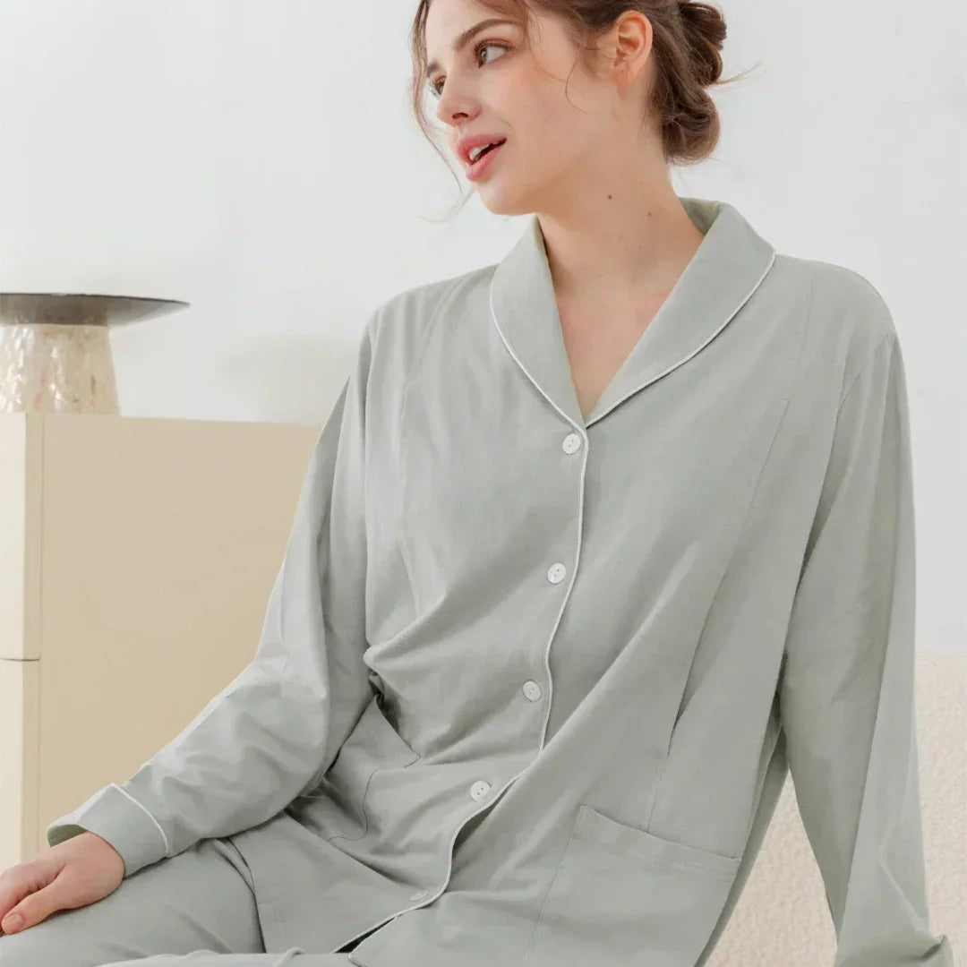 Cotton Button-Up Maternity Pajama- Green - Bodyfeu