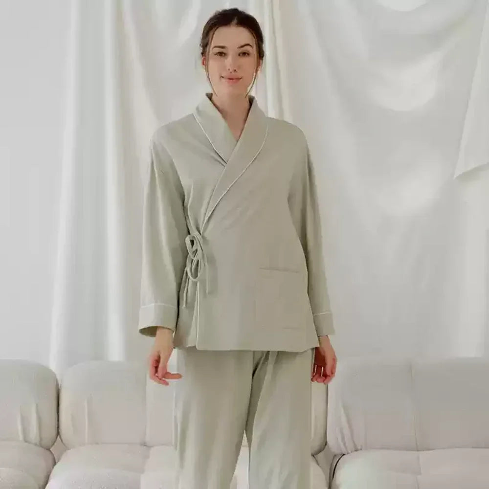 Cotton Wrap Maternity Pajama Set- Green - Bodyfeu