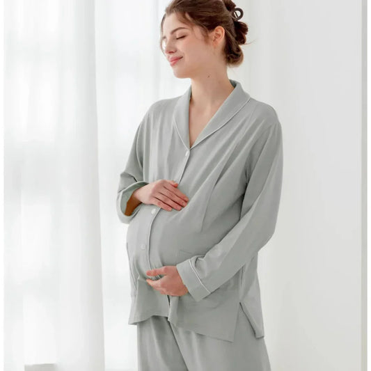 Cotton Button-Up Maternity Pajama- Green - Bodyfeu