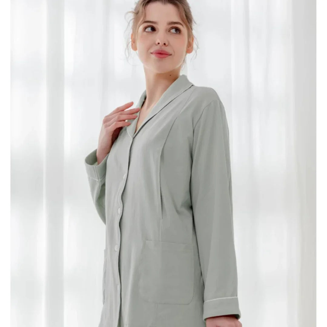 Cotton Button-Up Maternity Pajama- Green - Bodyfeu