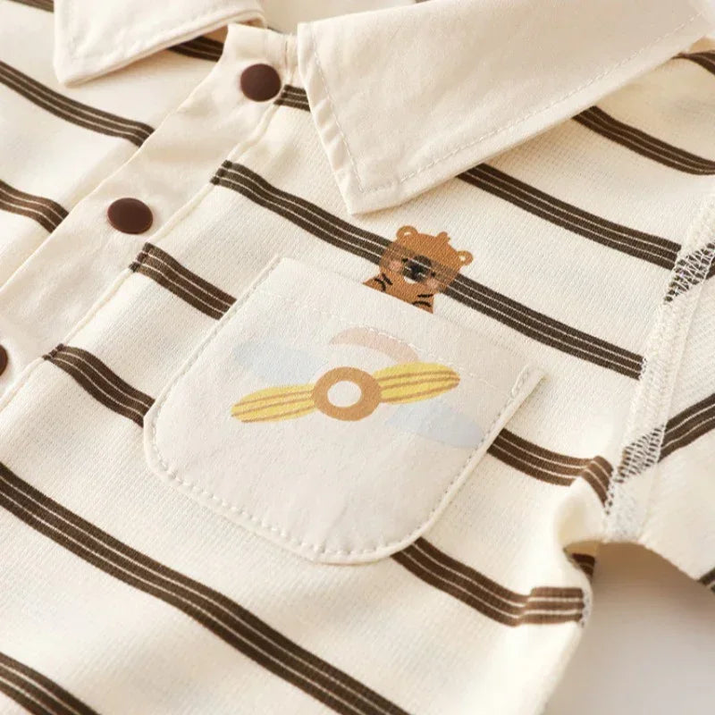 Cotton Short Sleeve Snap-Up Romper - Red Stripe & Bear - Bodyfeu