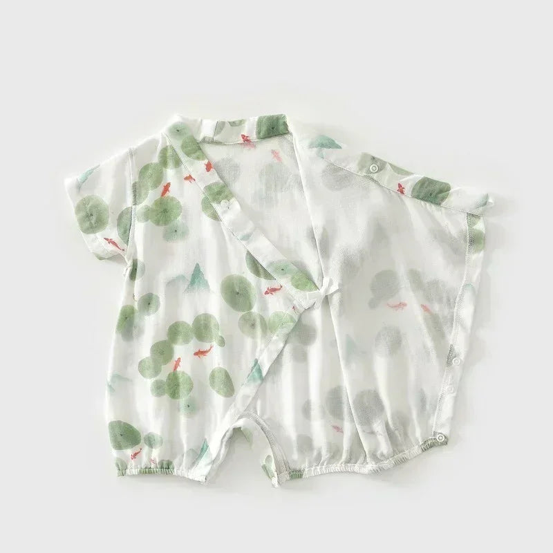 Cotton & Bamboo Muslin Short Sleeve Kimono Romper - Lemon - Bodyfeu