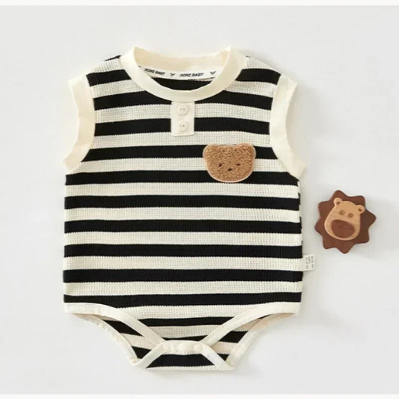 Cotton Sleeveless Overhead Bodysuit - Red Stripe & Bear - Bodyfeu