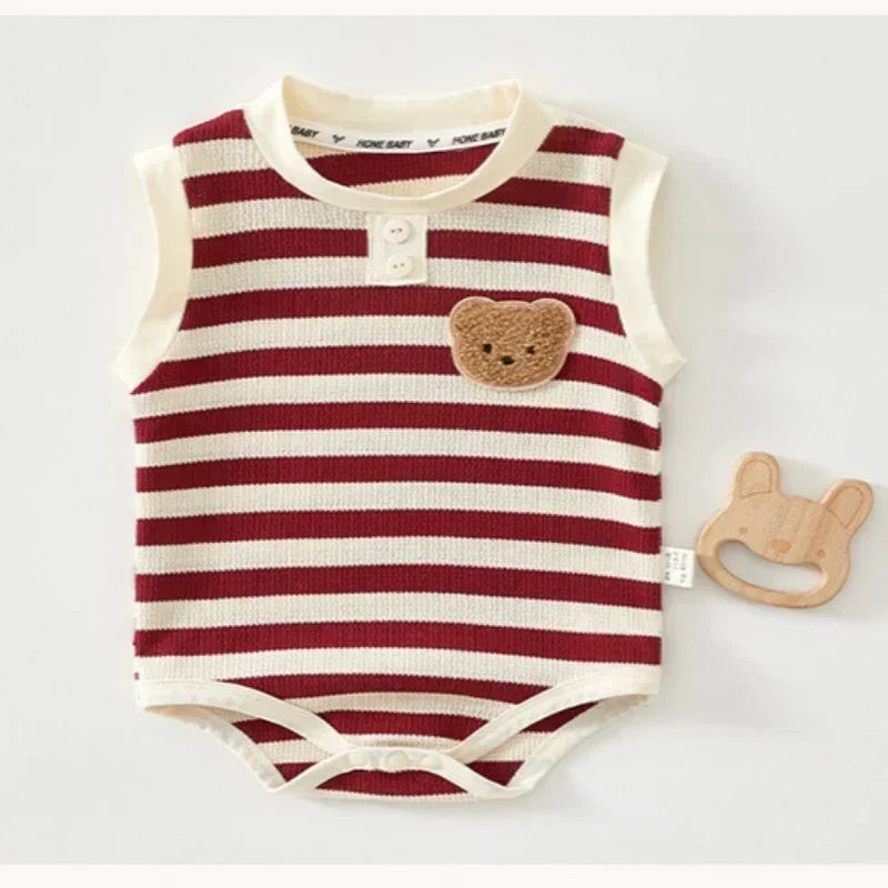 Cotton Sleeveless Overhead Bodysuit - Red Stripe & Bear - Bodyfeu