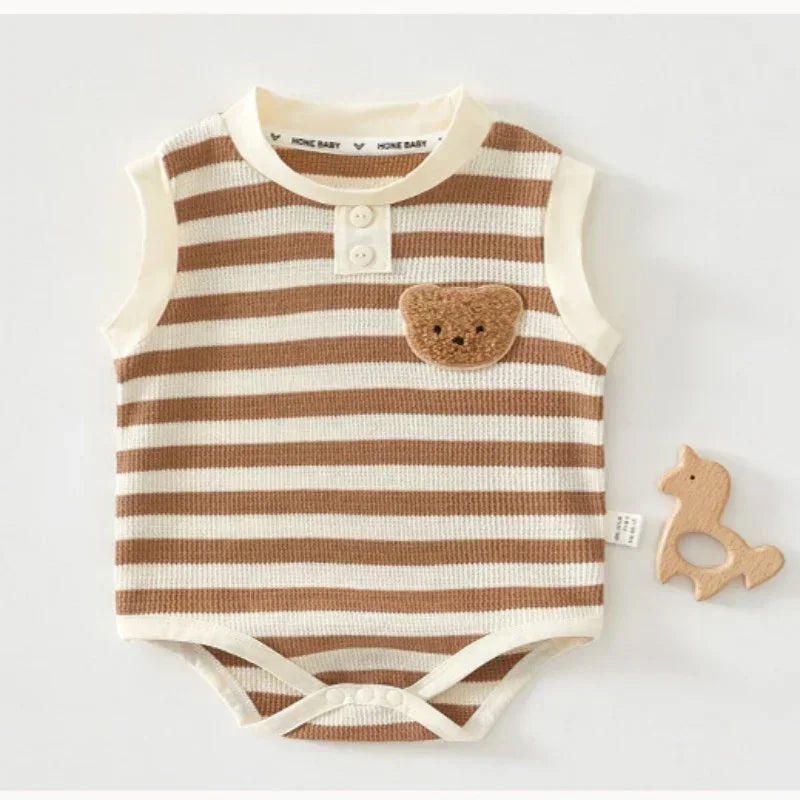 Cotton Sleeveless Overhead Bodysuit - Red Stripe & Bear - Bodyfeu