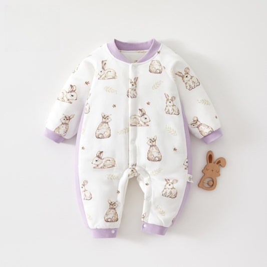 100% Cotton Long Sleeve Snap-Up Quilted Romper - Bunny Garden