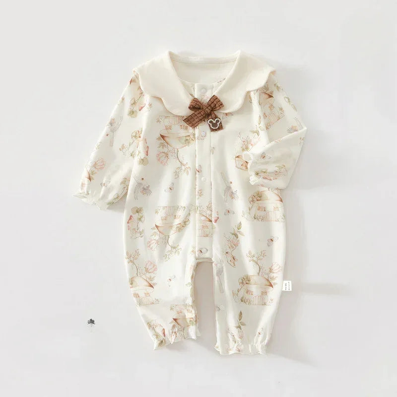 100% Cotton Long Sleeve Snap-Up Romper - Bowknot with Flowers - Bodyfeu