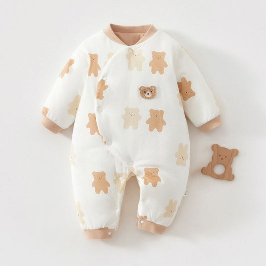 100% Cotton Long Sleeve Snap-Up Quilted Romper - Brown Cookie Bear
