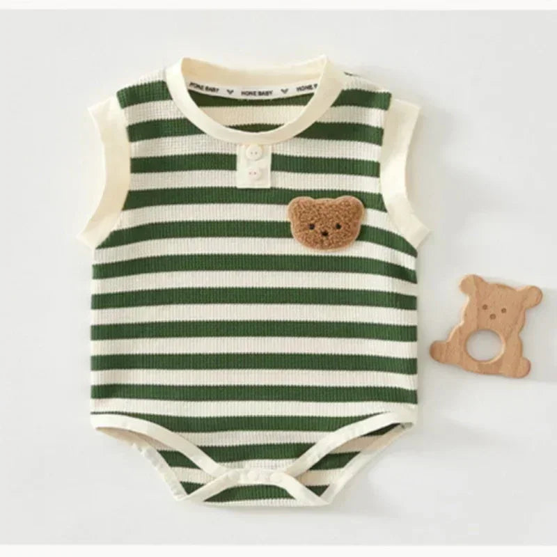 Cotton Sleeveless Overhead Bodysuit - Red Stripe & Bear - Bodyfeu