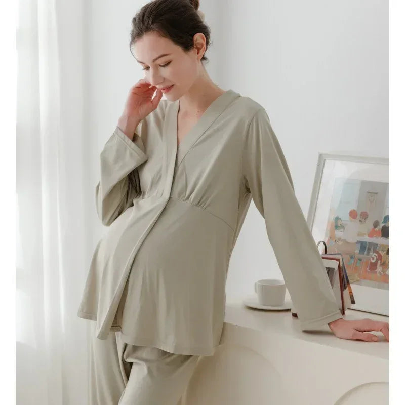 Cotton Snap-Up Maternity & Nursing Pajama Set- Pink - Bodyfeu