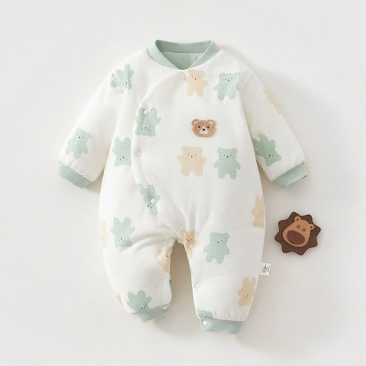 100% Cotton Long Sleeve Snap-Up Quilted Romper - Green Cookie Bear