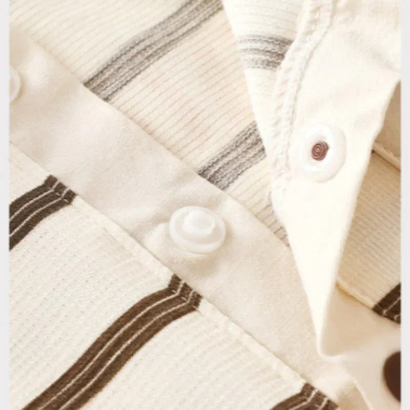 Cotton Short Sleeve Snap-Up Romper - Red Stripe & Bear - Bodyfeu