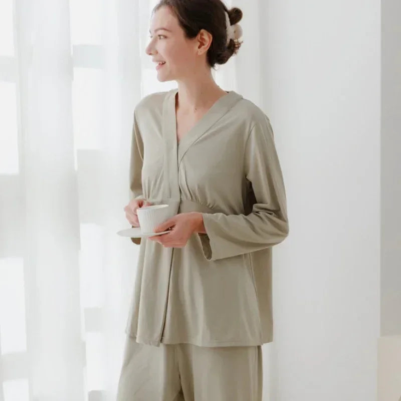 Cotton Snap-Up Maternity & Nursing Pajama Set- Pink - Bodyfeu