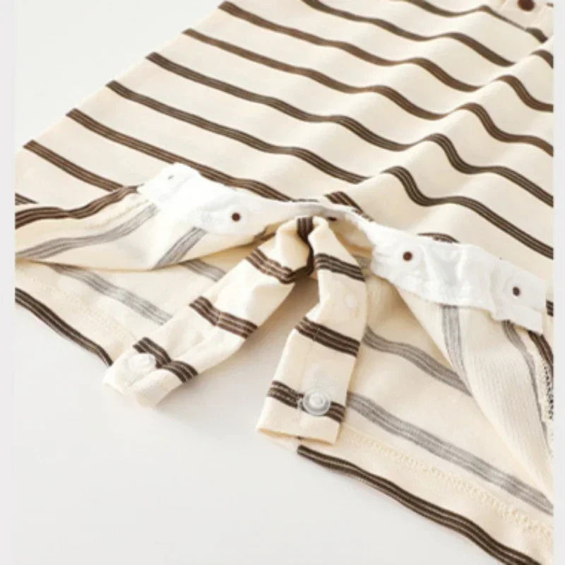 Cotton Short Sleeve Snap-Up Romper - Red Stripe & Bear - Bodyfeu