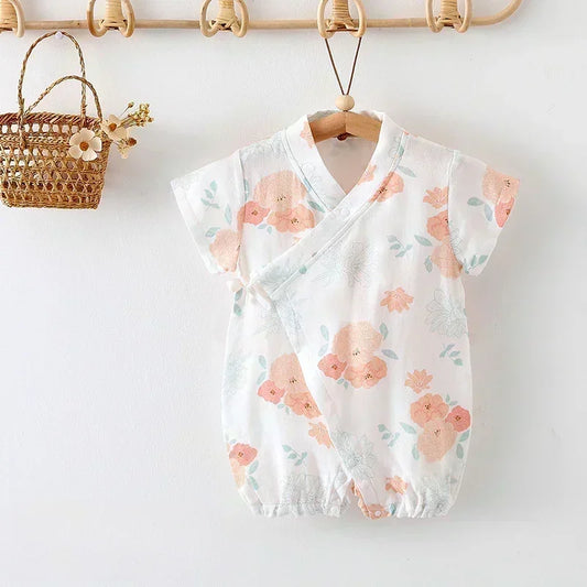 Cotton & Bamboo Muslin Short Sleeve Romper - Water Lily - Bodyfeu