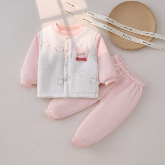 100% Cotton Long Sleeve Quilted Top & Pants Set - Pink Lovely Bear
