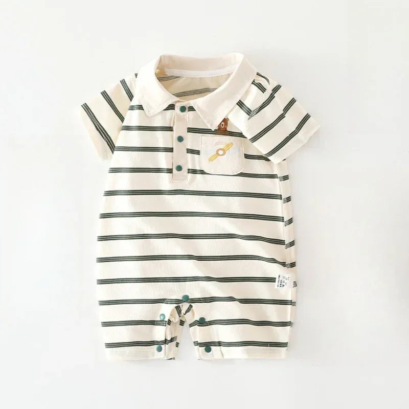 Cotton Short Sleeve Snap-Up Romper - Red Stripe & Bear - Bodyfeu