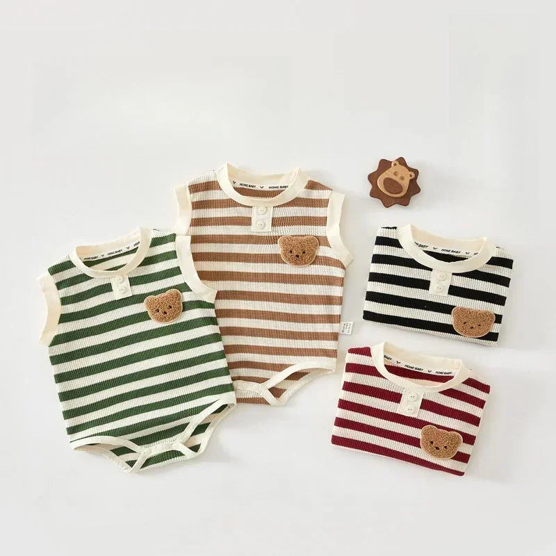 Cotton Sleeveless Overhead Bodysuit - Red Stripe & Bear - Bodyfeu