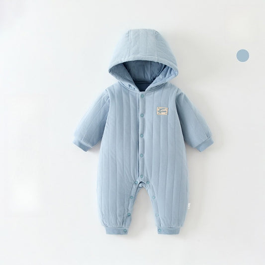 100% Cotton Quilted Hoodie Snap-Up Romper - Blue