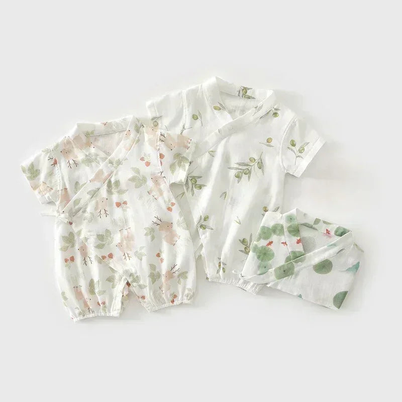 Cotton & Bamboo Muslin Short Sleeve Kimono Romper - Lemon - Bodyfeu
