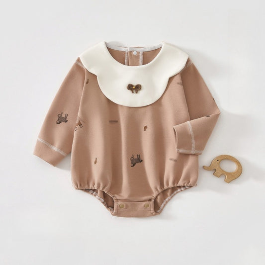 100% Cotton Long Sleeve Pullover Bodysuit - Brown Elephant
