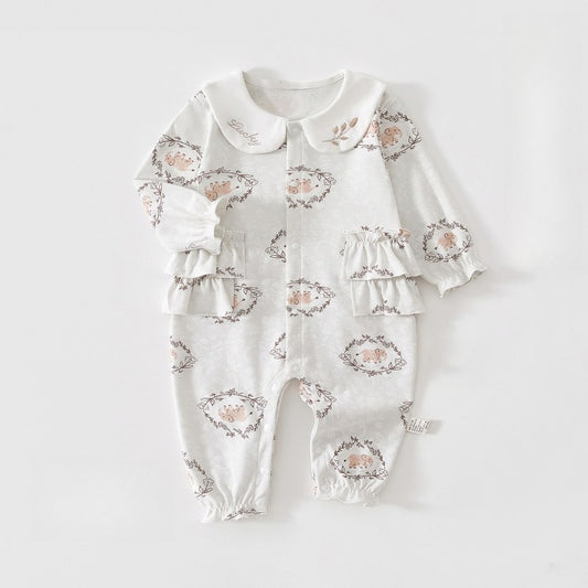 100% Cotton Snap-up Long-Sleeve Romper - Cute Elephant & Flowers