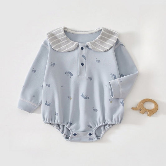 100% Cotton Long Sleeve Pullover Bodysuit - Blue Dolphin
