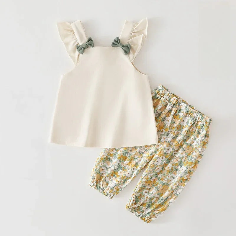 Cotton Flutter-Sleeve Top & Pants Set - Yellow Floral Pants - Bodyfeu