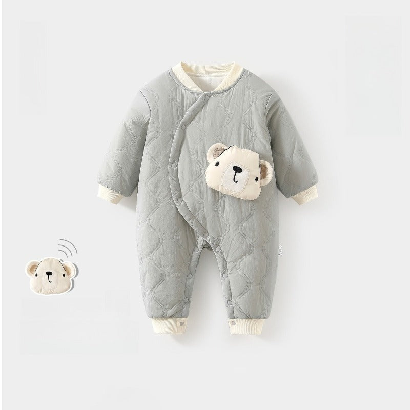 Cotton Long Sleeve Snap-Up Quilted Romper - Brown Frog