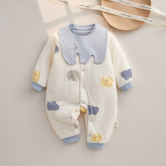 100% Cotton Extra Warm Long Sleeve Quilted Romper with Bib- Blue Bear