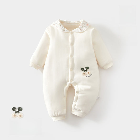 100% Cotton Quilted Long Sleeve Snap-Up Romper - Green Flower