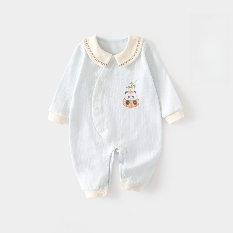 100% Cotton Long Sleeve Snap-Up Romper - Beige Panda