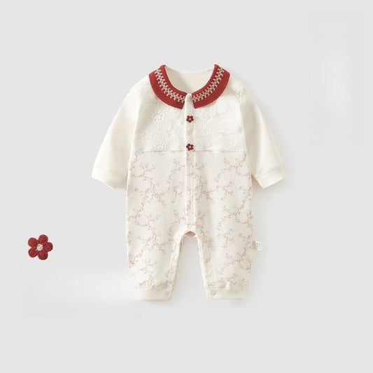 Cotton Snap-Up Long Sleeve Romper - Red Flower