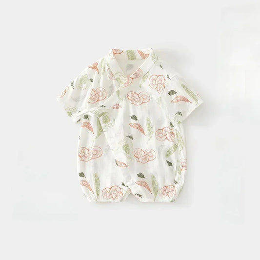 Cotton & Bamboo Muslin Short Sleeve Kimono Romper - Banana - Bodyfeu