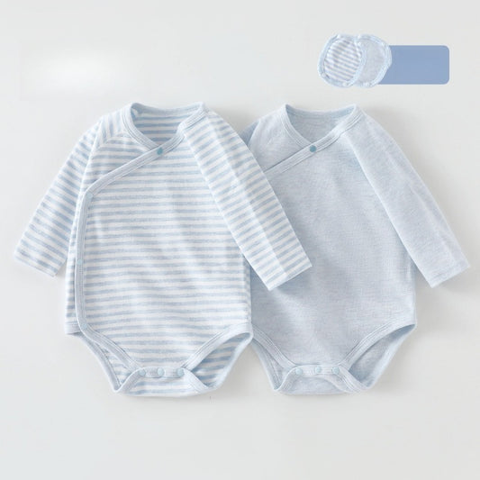 [2-Pieces Set] 100% Cotton Long Sleeve Side-Snap Bodysuit - Blue & Blue Stripe