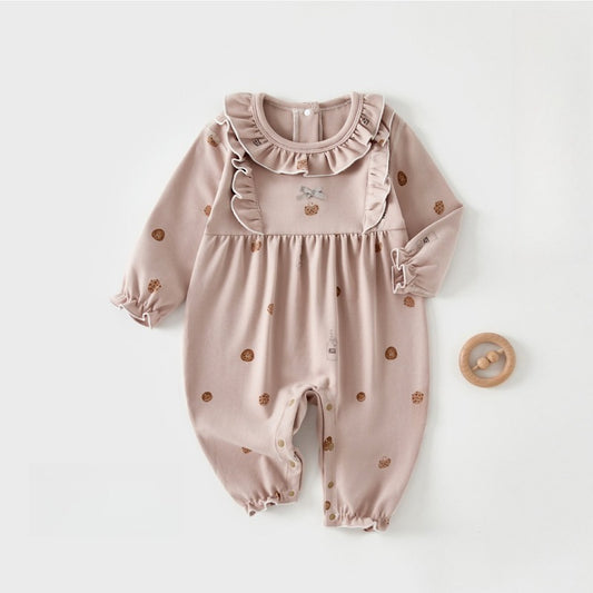 100% Cotton Snap-up Long-Sleeve Romper - Cookie & Bowknot