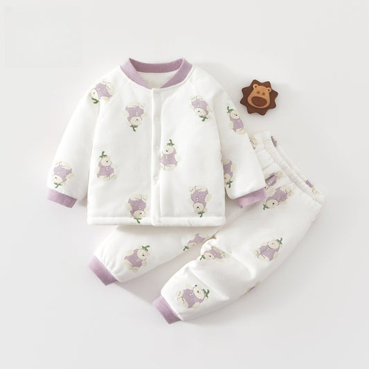100% Cotton Long Sleeve Quilted Top & Pants Set- Eggplant Bear