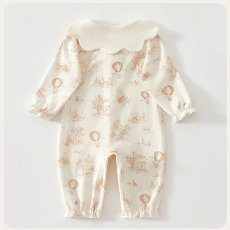 100% Cotton Long Sleeve Snap-Up Romper - Bowknot with Flowers - Bodyfeu