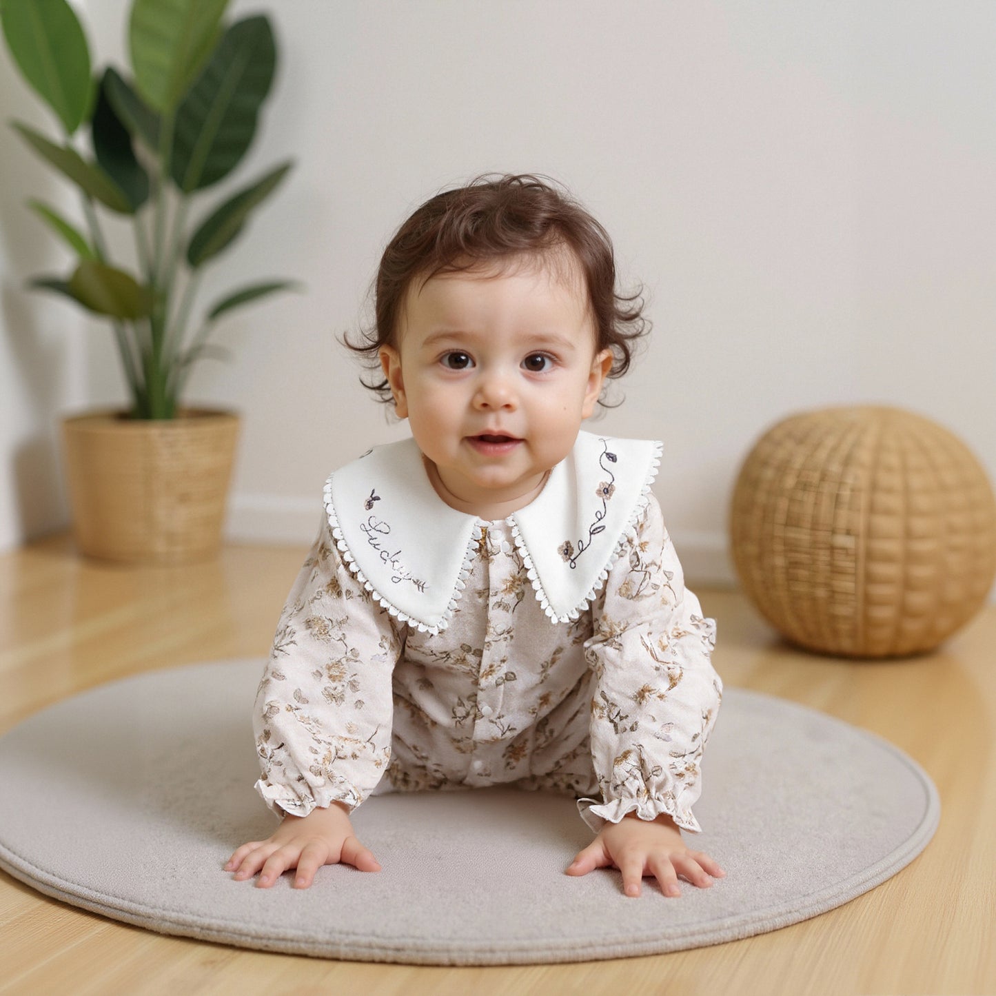 100% Cotton Snap-up Long-Sleeve Romper - Pink Dream Garden