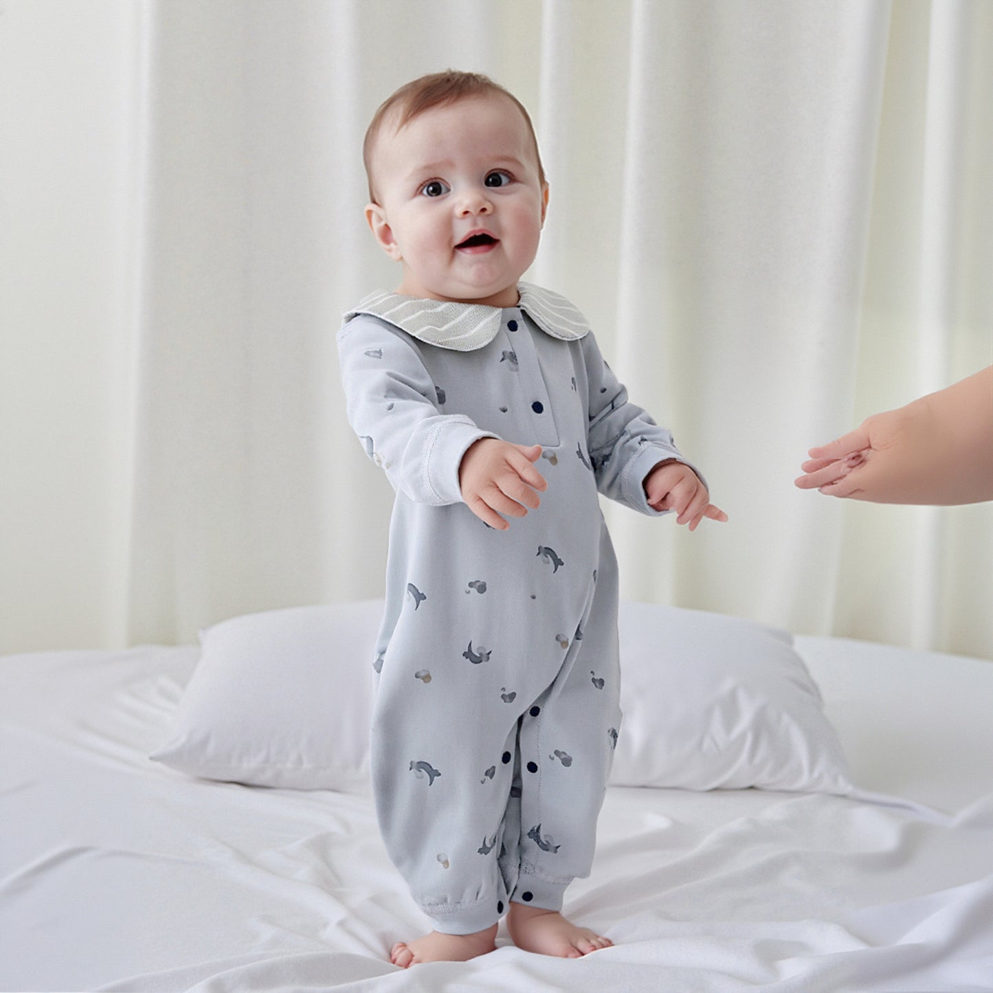 100% Cotton Snap-up Long-Sleeve Romper - Pink Dream Garden