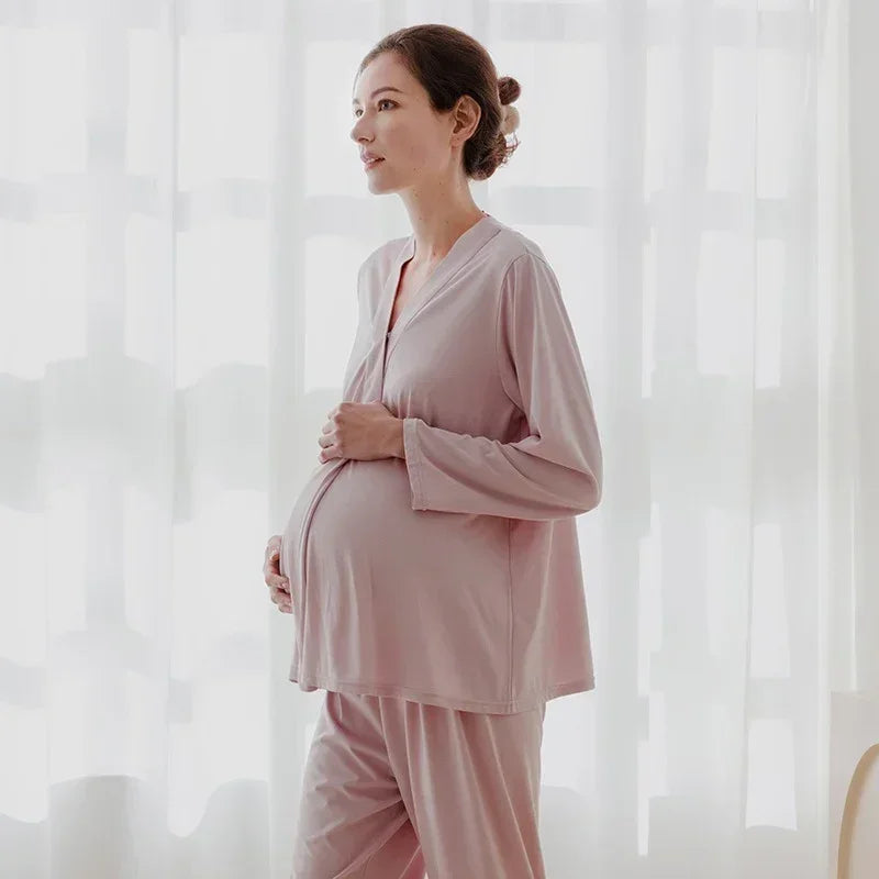 Cotton Snap-Up Maternity & Nursing Pajama Set- Pink - Bodyfeu